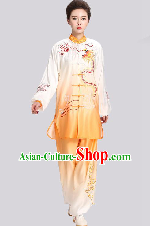 Chinese Tai Chi Kung Fu Gradient Orange Suits Martial Arts Competition Embroidered Dragon Outfits Tai Ji Training Clothing