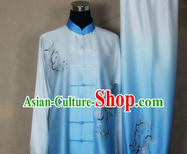 Chinese Martial Arts Competition Embroidered Outfits Tai Ji Training Clothing Tai Chi Kung Fu Blue Suits