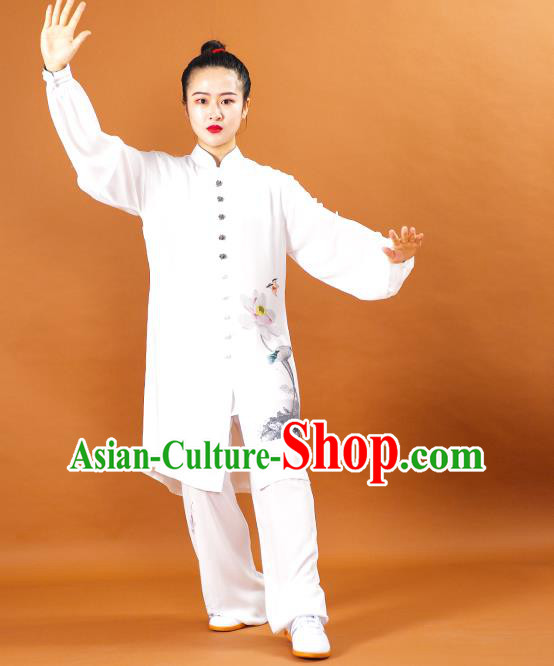 China Kung Fu Performance White Outfits Martial Arts Tai Ji Competition Suits Tai Chi Training Painting Lotus Clothing