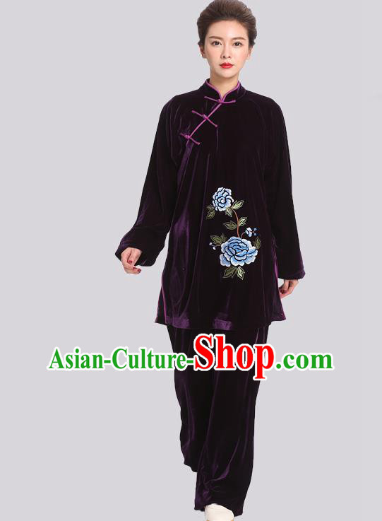 Chinese Tai Chi Competition Black Velvet Suits Martial Arts Embroidered Peony Outfits Kung Fu Tai Ji Training Clothing