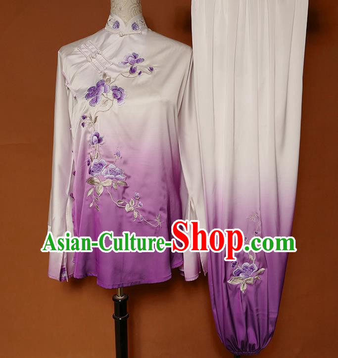China Martial Arts Kung Fu Embroidered Flowers Clothing Tai Chi Group Competition Purple Outfits Tai Ji Sword Performance Suits