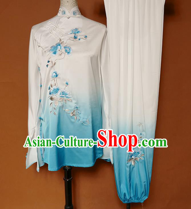 China Tai Ji Sword Performance Suits Martial Arts Kung Fu Embroidered Flowers Clothing Tai Chi Group Competition Blue Outfits