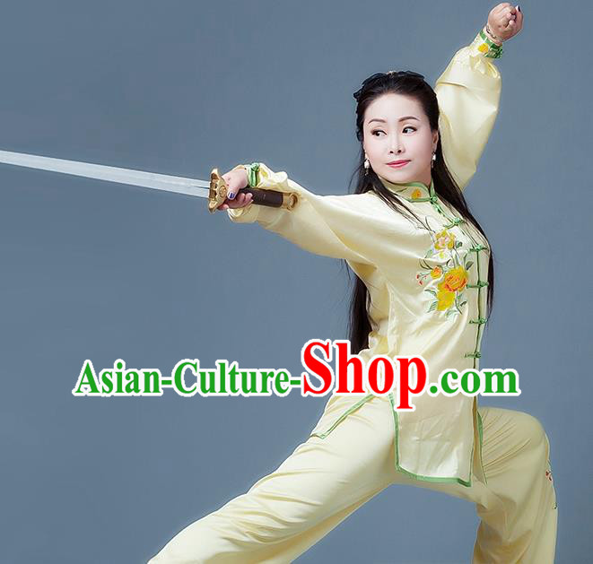China Tai Chi Competition Yellow Outfits Tai Ji Sword Performance Suits Martial Arts Kung Fu Embroidered Peony Clothing