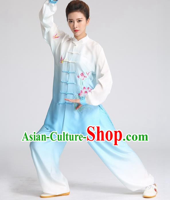 China Tai Ji Training Embroidered Lotus Blue Suits Tai Chi Martial Arts Clothing Kung Fu Competition Outfits