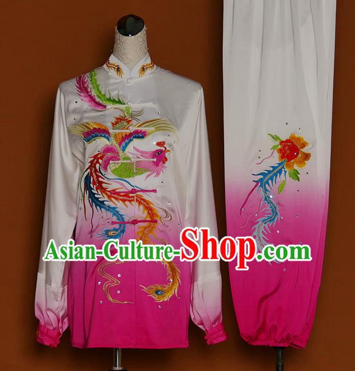 China Tai Chi Group Competition Gradient Rosy Outfits Tai Ji Training Suits Martial Arts Kung Fu Embroidered Phoenix Clothing
