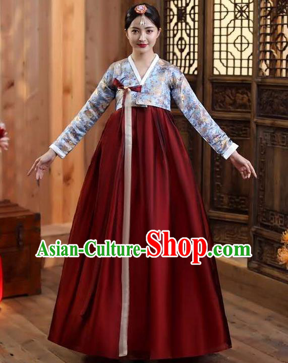 Korean Court Blue Blouse and Wine Red Dress Asian Korea Dance Outfits Traditional Wedding Dress Ancient Bride Garment Costumes