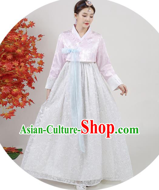 Asian Korea Traditional Wedding Dress Ancient Bride Garment Costumes Korean Court Hanbok Pink Blouse and White Dress Classical Dance Outfits