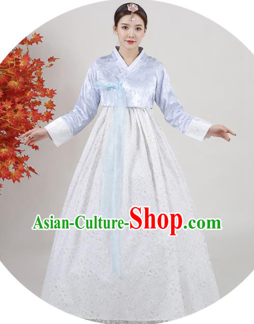Asian Korea Classical Dance Outfits Traditional Wedding Dress Ancient Bride Garment Costumes Korean Court Hanbok Blue Blouse and White Dress