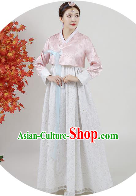 Korean Court Hanbok Peach Pink Blouse and White Dress Asian Korea Classical Dance Outfits Traditional Wedding Dress Ancient Bride Garment Costumes