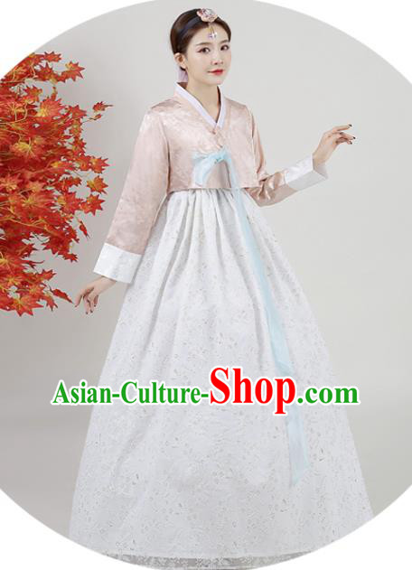 Korean Ancient Bride Garment Costumes Court Hanbok Champagne Blouse and White Dress Asian Korea Classical Dance Outfits Traditional Wedding Dress