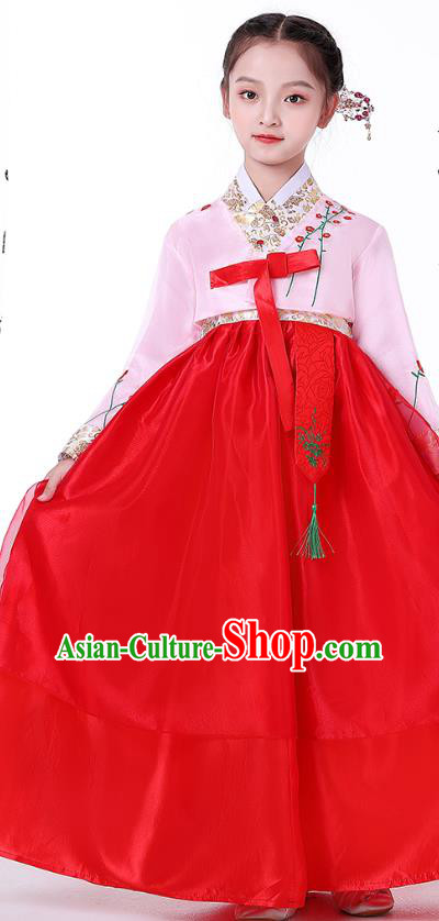 Korean Children Performance Garment Costumes Asian Traditional Hanbok Clothing Korea Girl Birthday Embroidered Pink Blouse and Red Dress