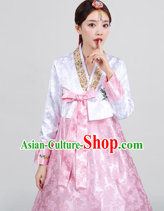 Asian Korea Embroidered White Blouse and Pink Dress Traditional Wedding Hanbok Uniforms Dance Clothing Korean Ancient Court Garment Costumes