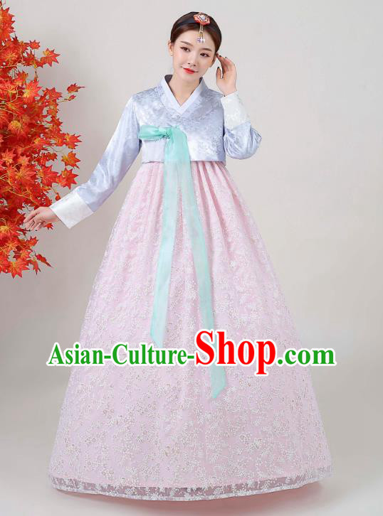 Korean Traditional Wedding Dress Ancient Bride Garment Costumes Court Blue Blouse and Pink Dress Asian Korea Classical Dance Outfits