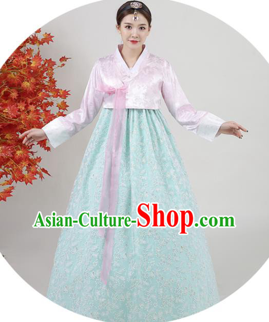 Korean Classical Dance Outfits Traditional Wedding Dress Asian Korea Ancient Bride Garment Costumes Court Pink Blouse and Green Dress