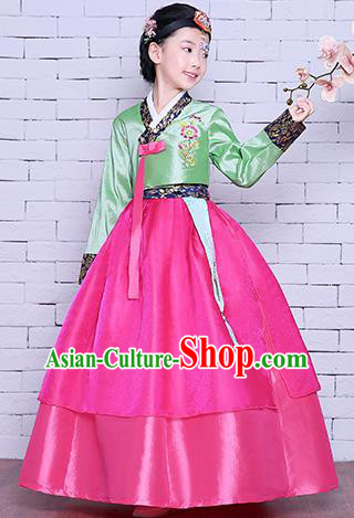Korea Girl Princess Embroidered Green Blouse and Rosy Dress Korean Children Court Garment Costumes Asian Traditional Hanbok Clothing