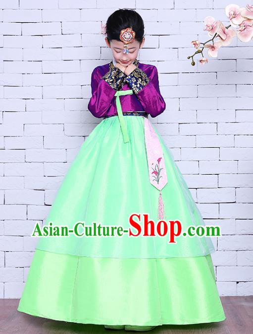 Asian Traditional Hanbok Clothing Korea Girl Princess Embroidered Purple Blouse and Green Dress Korean Children Court Garment Costumes