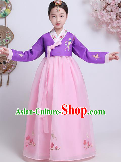 Korean Court Princess Garment Costumes Korea Children Embroidered Purple Blouse and Pink Dress Asian Traditional Girl Hanbok Clothing