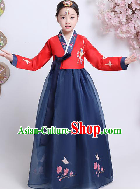 Asian Korea Court Princess Garment Costumes Children Embroidered Red Blouse and Navy Dress Korean Traditional Girl Hanbok Clothing