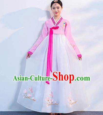 Korea Ancient Court Dance Clothing Asian Embroidered Pink Blouse and White Dress Korean Traditional Hanbok Uniforms