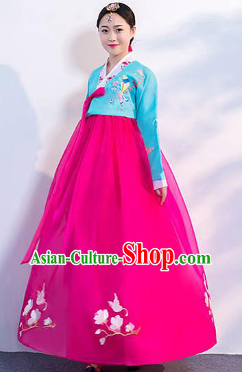 Korea Traditional Hanbok Uniforms Ancient Court Dance Clothing Asian Korean Embroidered Blue Blouse and Rosy Dress