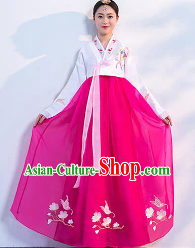 Asian Korean Embroidered White Blouse and Rosy Dress Korea Traditional Hanbok Uniforms Ancient Court Dance Clothing