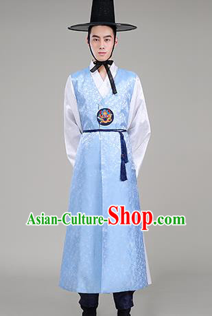 Korean Prince Blue Long Vest White Shirt and Pants Costumes Traditional Male Wedding Hanbok Suits Korea Court Clothing