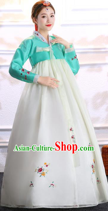 Asian Korean Court Uniforms Korea Ancient Princess Clothing Traditional Hanbok Embroidered Green Blouse and Beige Dress