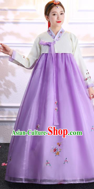 Korea Ancient Bride Clothing Asian Traditional Hanbok Embroidered White Blouse and Purple Dress Korean Court Uniforms