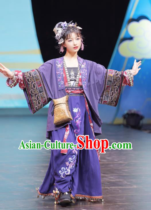 China Traditional Song Dynasty Miao Territory Princess Historical Clothing Ancient Young Beauty Purple Hanfu Dress Garments