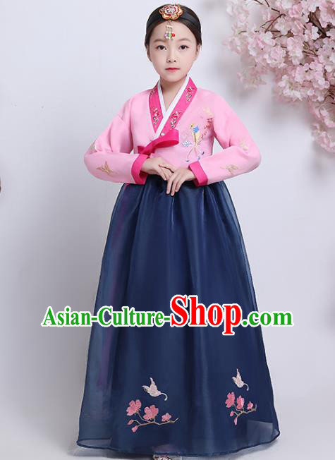 Korean Traditional Hanbok Clothing Asian Court Princess Garment Costumes Korea Girl Embroidered Pink Blouse and Navy Dress