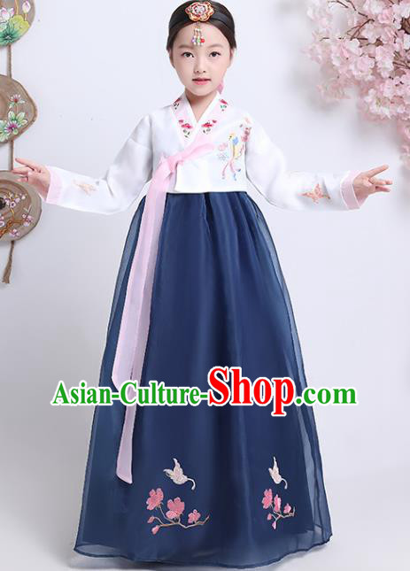 Korea Girl Embroidered White Blouse and Navy Dress Korean Traditional Hanbok Clothing Asian Court Princess Garment Costumes