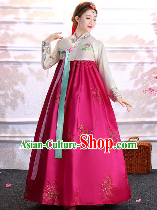 Asian Classical Dance Embroidered White Blouse and Rosy Dress Traditional Hanbok Korean Court Bride Fashion Garments Korea Wedding Clothing