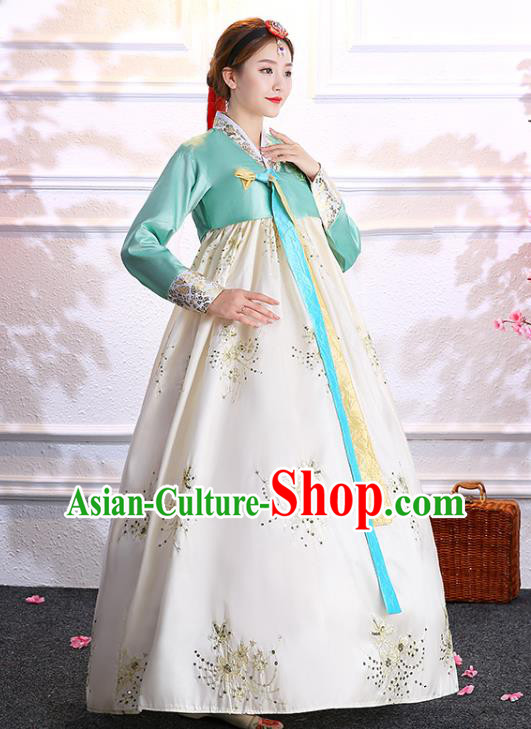 Korean Court Bride Fashion Garments Korea Wedding Clothing Asian Classical Dance Embroidered Green Blouse and Beige Dress Traditional Hanbok