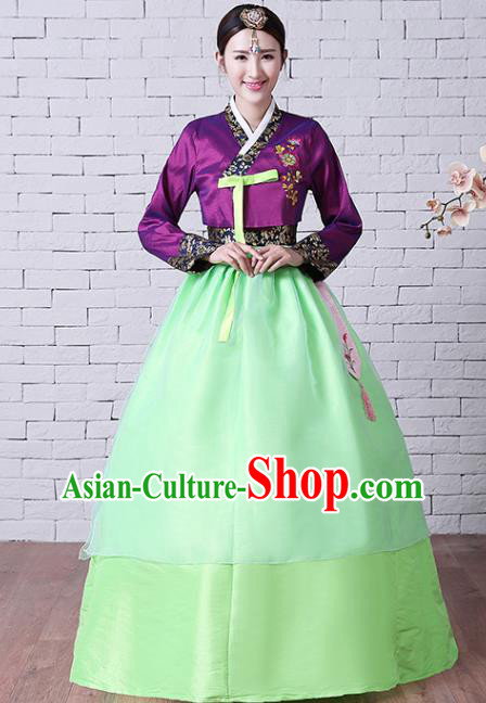 Asian Classical Embroidered Purple Blouse and Green Dress Korean Court Hanbok Traditional Bride Fashion Garments Korea Wedding Clothing