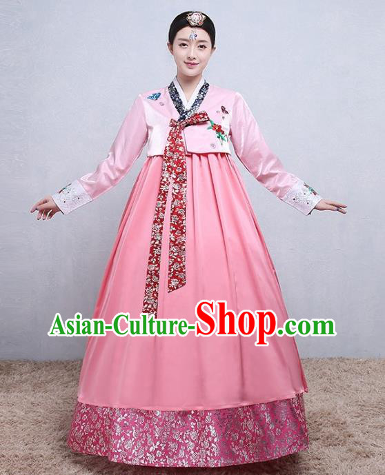 Korea Court Tangyi Hanbok Korean Traditional Bride Fashion Garments Wedding Clothing Classical Dance Pink Blouse and Dress