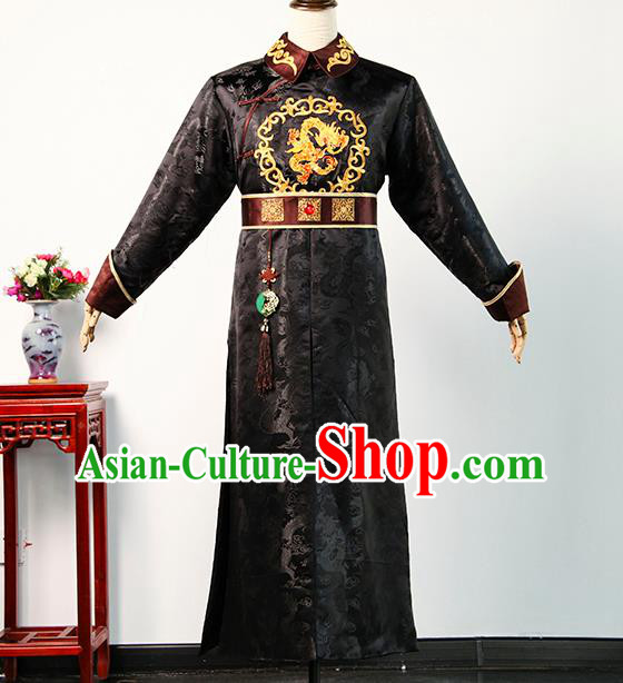 Chinese TV Story of Yanxi Palace Monarch Qianlong Black Imperial Robe Qing Dynasty Royal Highness Casual Costume Ancient Emperor Clothing