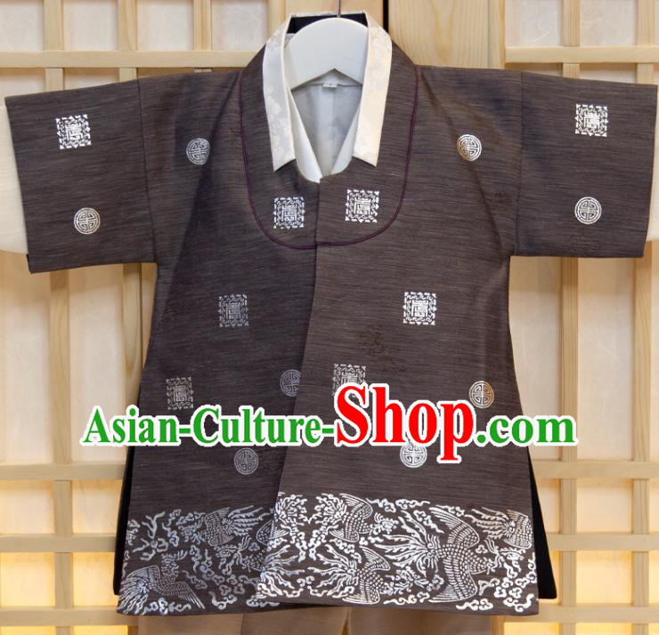 Korean Boys Prince Birthday Hanbok Korea Traditional Fashion Clothing Grey Vest Beige Shirt and Pants Children Garment Costumes