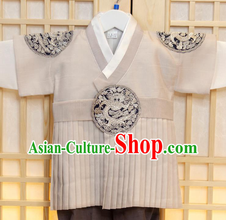 Korea Boys Prince Birthday Hanbok Costumes Traditional Fashion Clothing Korean Children Garment Beige Vest White Shirt and Grey Pants