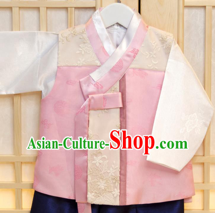 Korea Boys Prince Birthday Hanbok Costumes Korean Traditional Fashion Clothing Children Garment Pink Vest White Shirt and Navy Pants
