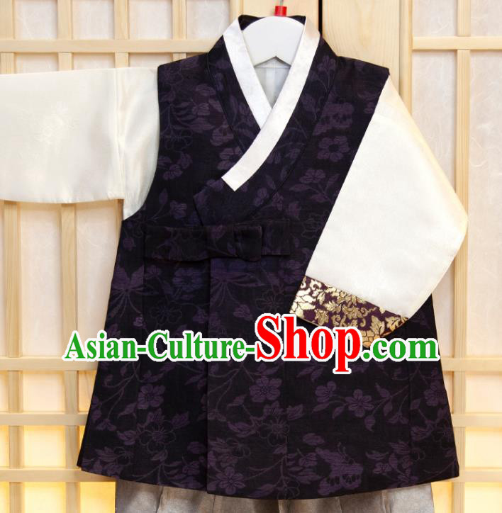 Korean Boys Prince Birthday Fashion Costumes Korea Traditional Hanbok Clothing Children Garment Black Vest White Shirt and Grey Pants