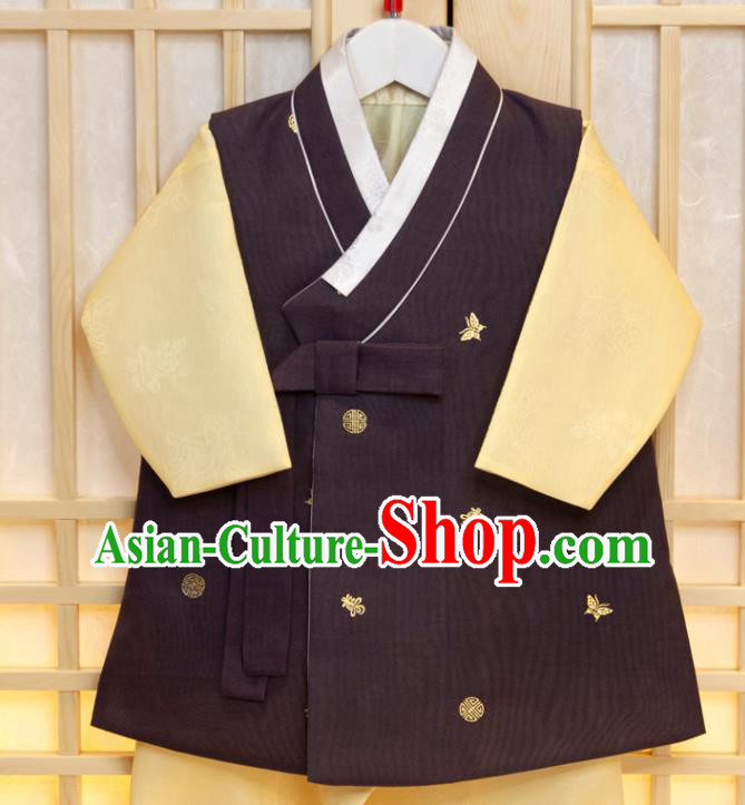 Korean Traditional Garment Costumes Boys Prince Birthday Fashion Korea Hanbok Clothing Children Purple Vest Yellow Shirt and Pants