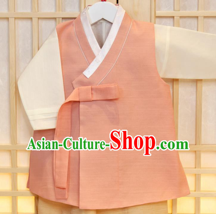 Korean Children Pink Vest Beige Shirt and Yellow Pants Traditional Garment Costumes Boys Prince Birthday Fashion Korea Hanbok Clothing