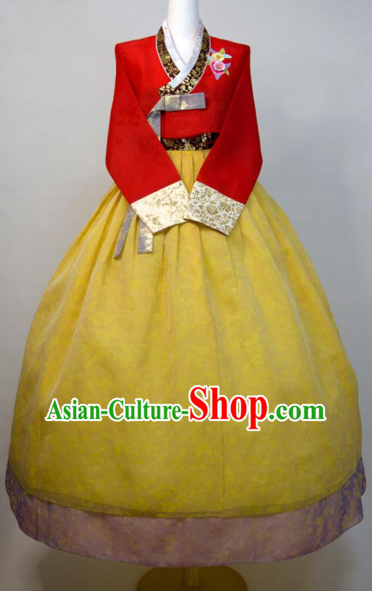 Korean Court Woman Hanbok Red Blouse and Yellow Dress Wedding Bride Fashion Costumes Traditional Festival Clothing