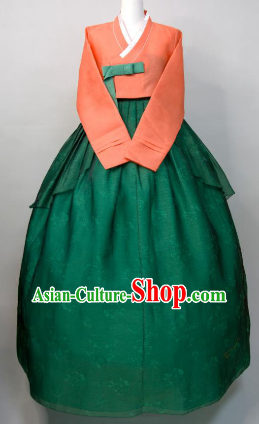 Korean Traditional Festival Celebration Clothing Court Woman Hanbok Orange Blouse and Green Dress Wedding Bride Fashion Costumes
