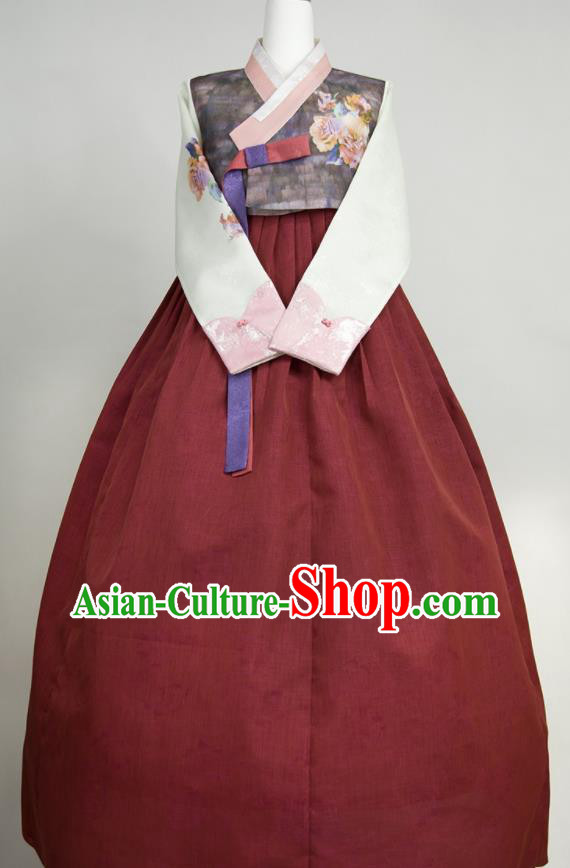 Korean Bride Mother Fashion Costumes Korea Classical Hanbok Printing Grey Blouse and Wine Red Dress Traditional Wedding Celebration Clothing