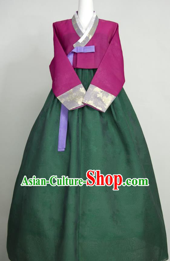 Korean Traditional Wedding Mother Clothing Celebration Fashion Costumes Korea Classical Hanbok Purple Blouse and Atrovirens Dress
