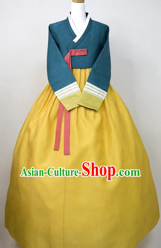 Korea Celebration Fashion Costumes Classical Hanbok Blue Blouse and Yellow Dress Korean Traditional Wedding Mother Clothing