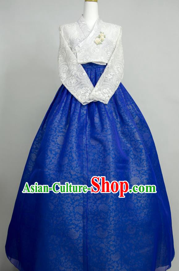 Korean Young Lady Classical Hanbok White Lace Blouse and Royalblue Dress Korea Traditional Festival Clothing Wedding Bride Fashion Costumes