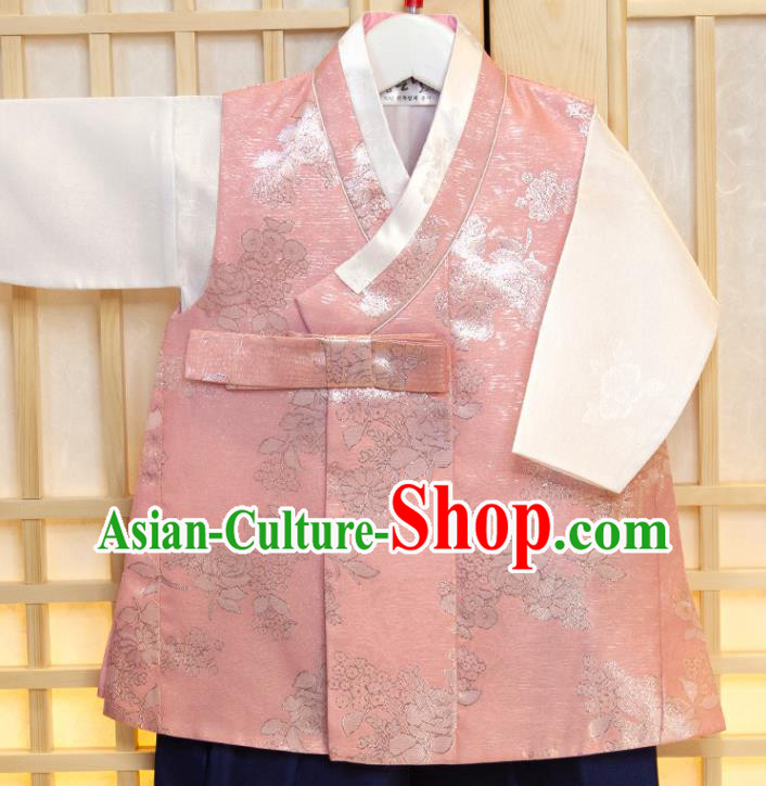 Korean Children Pink Vest White Shirt and Navy Pants Korea Traditional Garment Costumes Boys Prince Birthday Fashion Hanbok Clothing