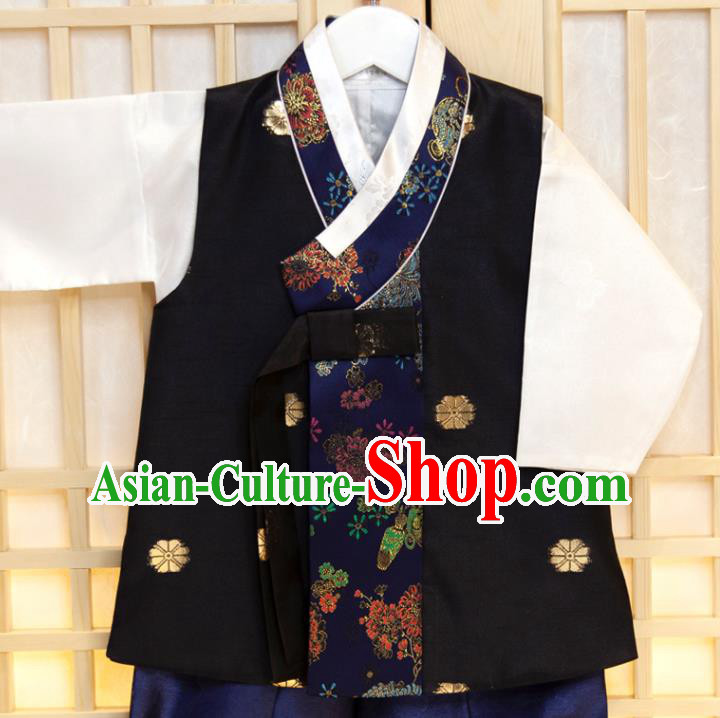 Korean Boys Prince Birthday Fashion Hanbok Clothing Children Black Vest White Shirt and Navy Pants Korea Traditional Garment Costumes
